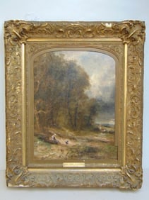 Painting, "By The Woods", by N.V.Dias, oil on canvas, stretcher size is 20" by 16", framed size is