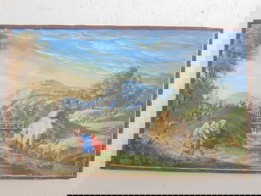 Early miniature watercolor, winged figure embracing Roman (?) soldier, troops on horseback crossing