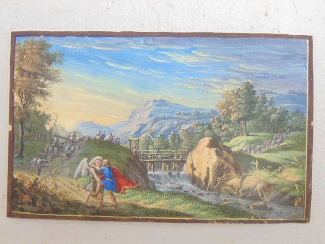 Early miniature watercolor, winged figure embracing Roman (?) soldier, troops on horseback crossing (1 of 5)