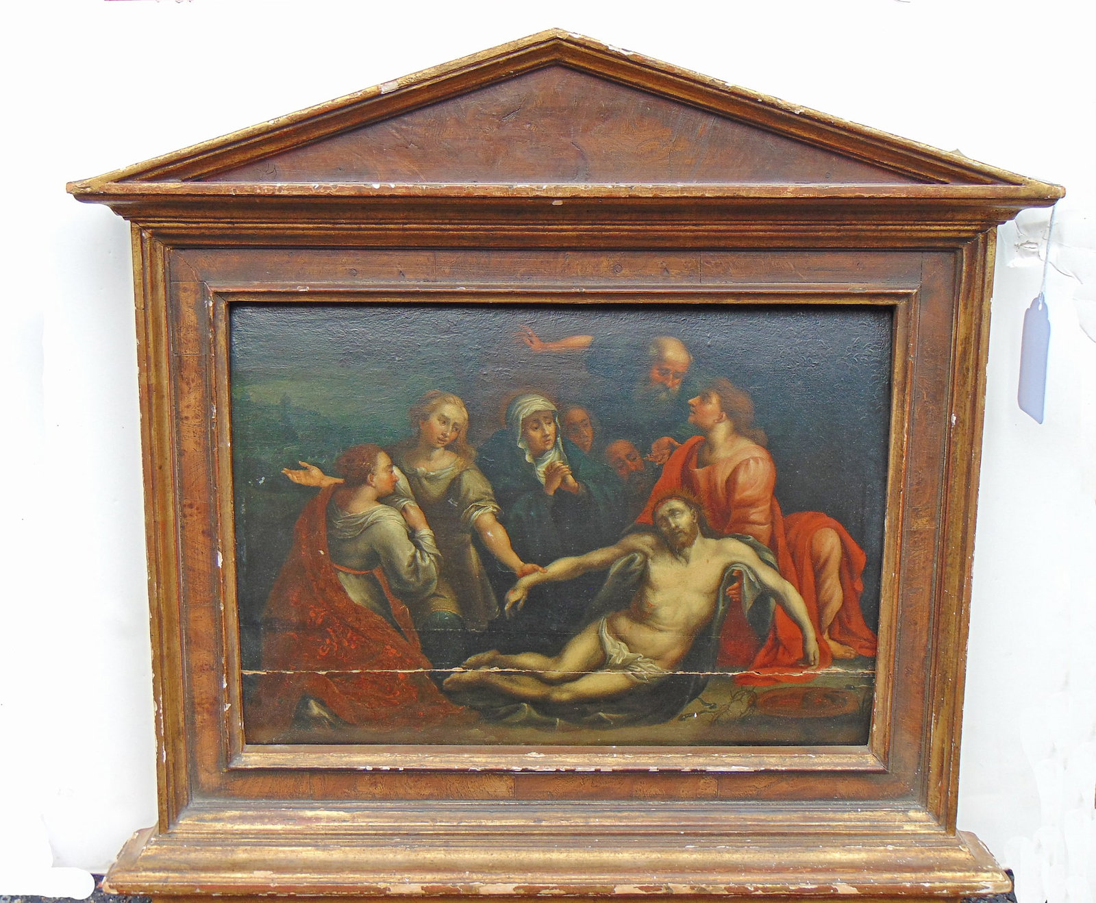 Religious old master painting, "Con Mahler Rembrandt", Jesus after the crucifixion, 13th station of: Religious old master painting, "Con Mahler Rembrandt", Jesus after the crucifixion, 13th station of the cross, oil on wood panel, in "temple" style frame, 19.75" tall, 20.25" wide.