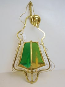 Brass Austrian lantern style chandelier with green & amber glass panels, height is 37"