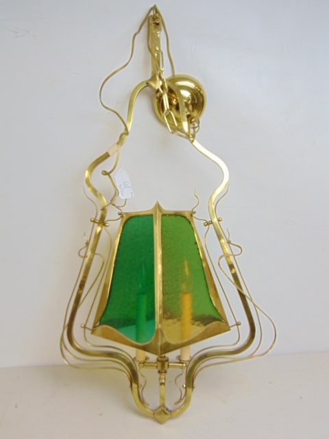 Brass Austrian lantern style chandelier with green & amber glass panels, height is 37": Brass Austrian lantern style chandelier with green & amber glass panels, height is 37"