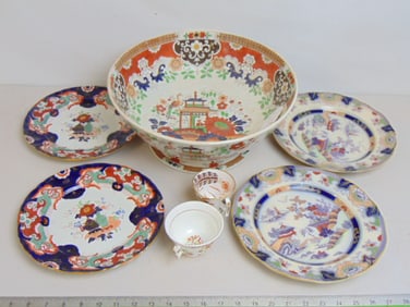 Lot English Chinois China, large bowl, two pair plates & 2 cups, bowl is 14", plates are 9.5" &