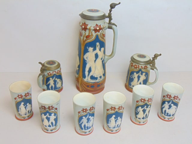 3 Mettlach steins & 6 cups, decorated with dancing figures, largest stein is 14.25" tall, 1/4 liter (1 of 8)