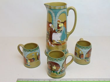Buffalo Pottery Emerald pitcher & 3 mugs, pitcher is 12", good condition