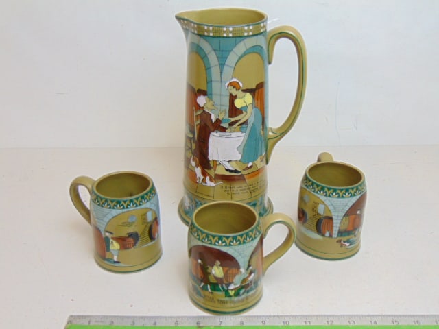Buffalo Pottery Emerald pitcher & 3 mugs, pitcher is 12", good condition (1 of 5)