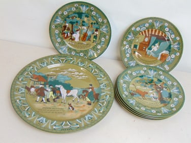 Buffalo Emerald Deldare ware plates & charger, "Dr Syntax", 6 plates, 9 3/8", charger is 13 5/8",