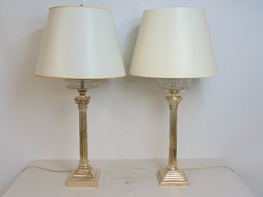 Pair tall banquet style table lamps, silver plated column bases, electrified oil lamps with glass