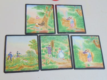 Set 5 lithophane panels, various scenes with hunter, courting, each panel is 6 3/8" by 5.5"