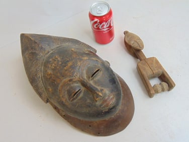 African antique funerary mask & vintage heddle pulley, Ivory Coast, mask is 11,5" by 6.25"