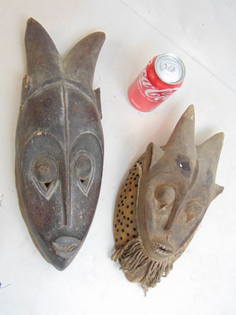 2 African masks, 2 vintage antelope masks, one with fiber beard, 12.75" by 6.25" & 16.5" by 5.75" (1 of 4)