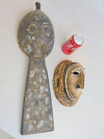 2 African masks, panel mask, some loss around mouth & antique lega / Congo mask with woven sides,