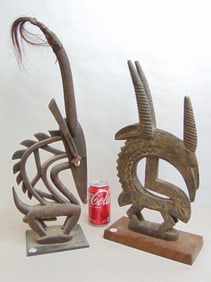 2 African carvings, rare male Chiwari Bamana antelope carvings, Mali, 18.25" by 9 1/8" & 22.25" by
