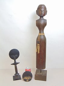 3 African carvings, 2 Ghanaian wood round fertility figures, 4.5" in diameter & 13.5" tall plus rare