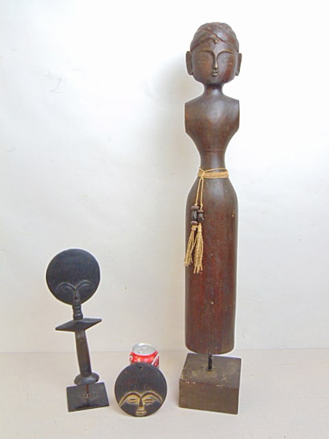 3 African carvings, 2 Ghanaian wood round fertility figures, 4.5" in diameter & 13.5" tall plus rare (1 of 5)