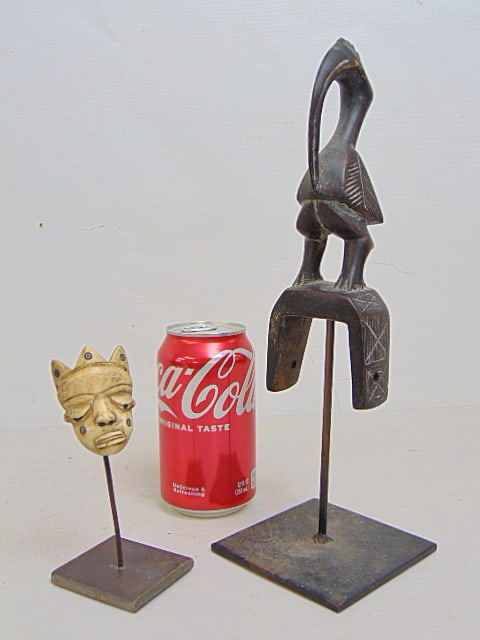 2 African carvings, Senufo bird figure pulley & hand carved Congolese "Batcham" tribal mask, bone,: 2 African carvings, Senufo bird figure pulley & hand carved Congolese "Batcham" tribal mask, bone, 11.5" by 3 5/8" & 2.25" by 1.5" (miniature mask)