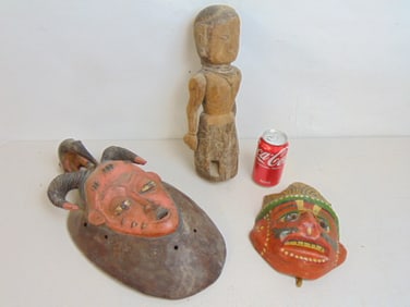 African & Indian tribal, ceremonial masks, vintage Ivory Coast mask with bird & horns, red & black