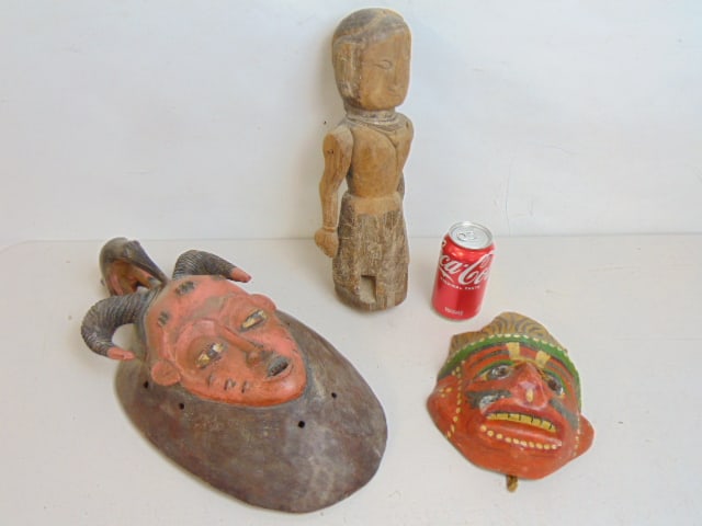 African & Indian tribal, ceremonial masks, vintage Ivory Coast mask with bird & horns, red & black (1 of 6)