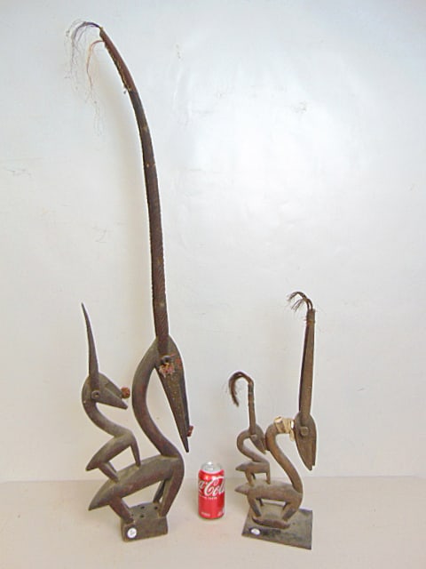 2 African antelope Chiwara carvings, one has repair, broken neck, 22" & 44" tall (1 of 6)