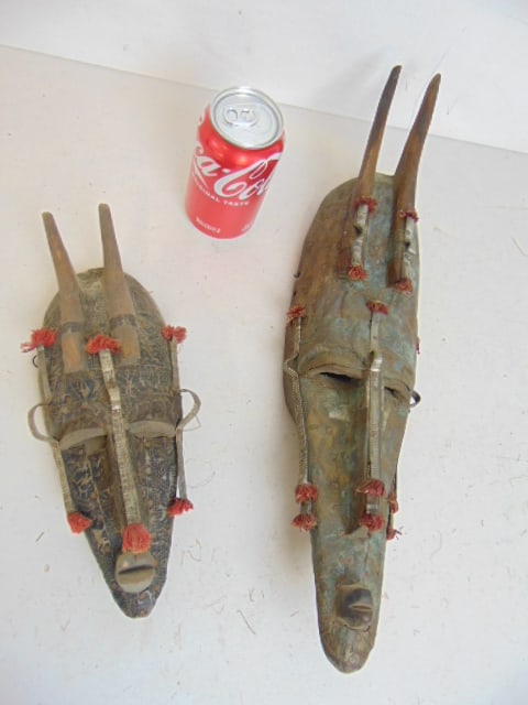 2 vintage Mali "Marka" masks with horns and applied metal covering, 11" & 18.25" (1 of 5)