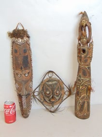 3 New Guinea masks, carvings, Owl theme mask with hair & shells, 20.5" tall, ancestral double mask