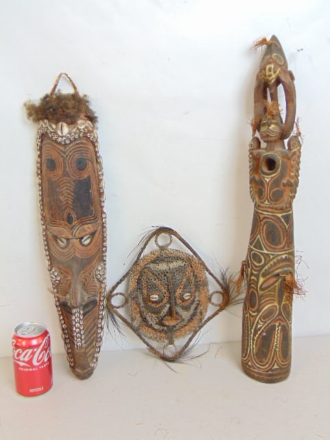 3 New Guinea masks, carvings, Owl theme mask with hair & shells, 20.5" tall, ancestral double mask (1 of 8)