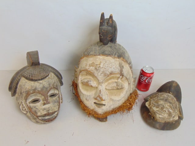 3 Gabon funerary masks, one with Raffia fiber, one with gorilla / baboon face & one helmet form, (1 of 5)