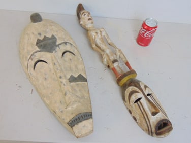 Two African masks, carvings, Gabon "Fang" mask, 22" by 9 3/8" & ancestor / leader figure on stool