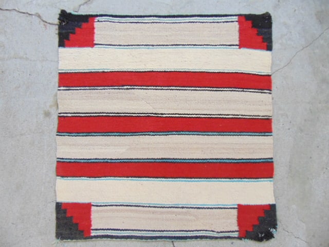 Small Navajo blanket, weaving, white, beige & red bands, 29.5" by 28" (1 of 4)