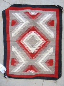Small Navajo blanket, weaving, white, grey & black, diamond center, 31" by 24.5"