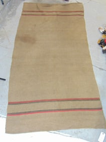 Weaving, homespun, Native (?) unsure, 90" by 46", brown with black and red bands, has old repair