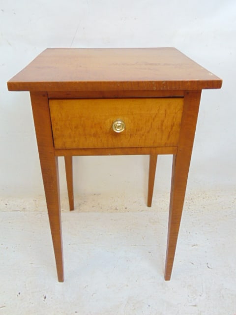 Antique maple single drawer stand, top is 18" by 18 5/8", height is 28 2/8" (1 of 3)
