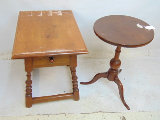 Round candle stand & maple one drawer stand with stretcher base, top damaged, 23.75" by 17.25", (1 of 3)