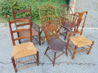 6 antique chairs, includes two Windsor arm chairs, Windsor side chair, rush seat chair, two ladder