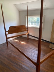 4 poster pencil post bed by Richard Bury, comes with canopy, canopy needs repair, 54.75" wide,