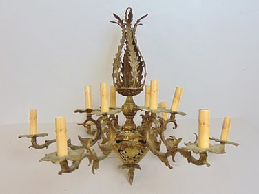 decorative brass chandelier with leaf decoration, diameter is 30"