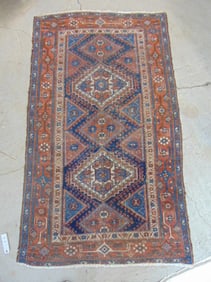 Persian scatter rug in red & blue, diamond pattern carpet is 69" by 40.5"