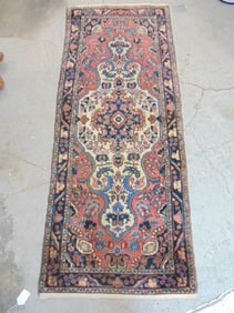 Persian carpet, red field, border, rug is 77" by 31"