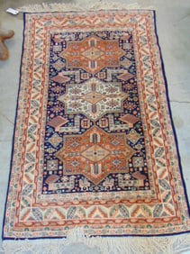 Persian carpet, light red & blue, rug is 74" by 48"