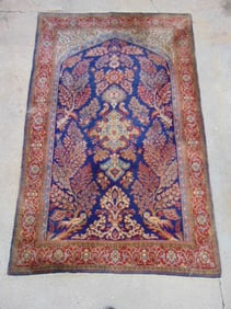 Persian carpet, in blue & red, floral designs with exotic birds, rug is 81" by 52"