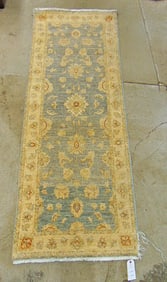 Persian carpet, light blue & beige, some loss at corner, 83" by 31"