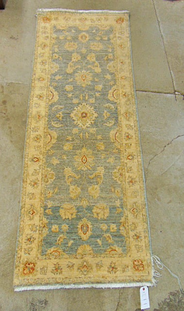 Persian carpet, light blue & beige, some loss at corner, 83" by 31": Persian carpet, light blue & beige, some loss at corner, 83" by 31"