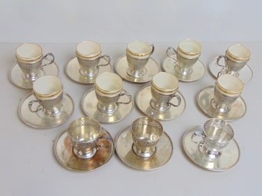 Set 12 Lenox & Tiffany demitasse cups in sterling holders with sterling saucers, 3 porcelain inserts