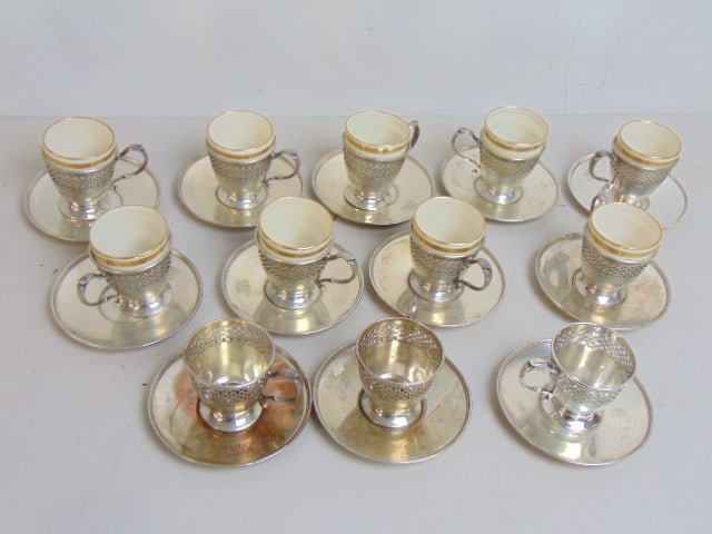 Set 12 Lenox & Tiffany demitasse cups in sterling holders with sterling saucers, 3 porcelain inserts (1 of 4)