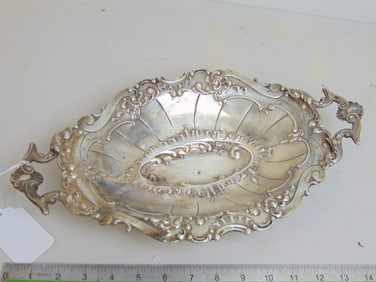800 silver footed bowl with handles, unmarked, tested, 14.75" by 8.25", 11 troy