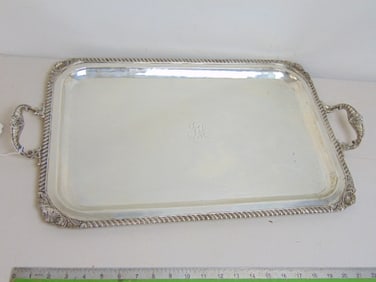 Large silver serving tray, sterling silver, not marked, tested, rope edge design, 26" (incl.