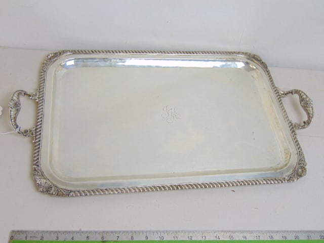 Large silver serving tray, sterling silver, not marked, tested, 64 troy ounces, 26" (incl. (1 of 4)