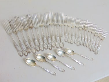 Lot sterling silver flatware, spoons & forks, monogrammed, 33 troy
