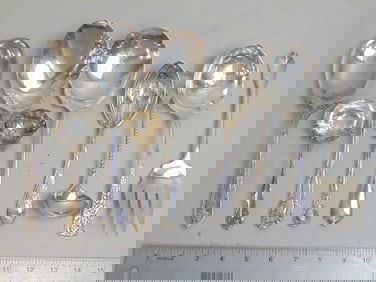 Lot sterling silver serving pieces, spoons, small ladles, 10 pieces, 18.7 troy