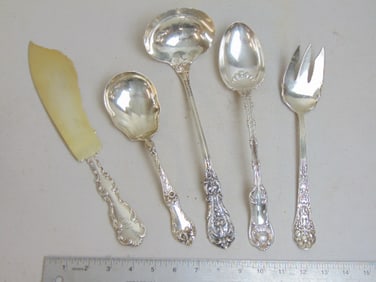 5 large sterling silver serving pieces, ladle, serving spoons, fork & fish knife, ladle is 12", 24.6